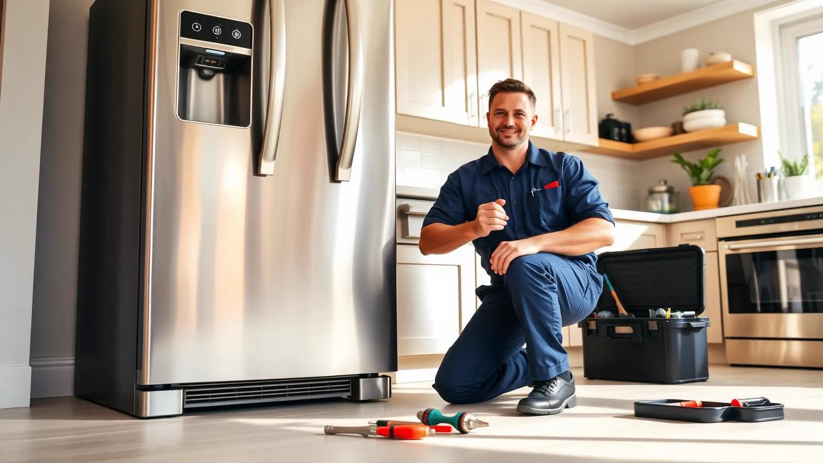 Appliance repair technician servicing a refrigerator in a Vancouver kitchen